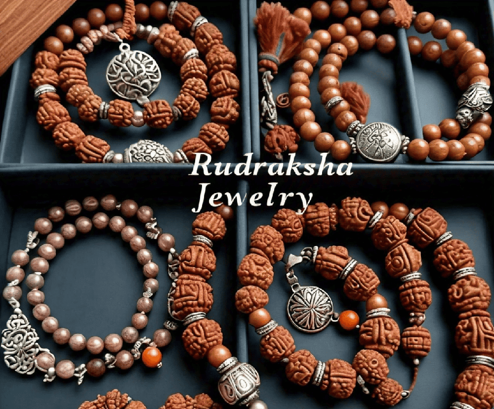 A close-up shot of stylish Rudraksha jewelry, such as bracelets and necklaces, showcasing their aesthetic appeal and spiritual significance